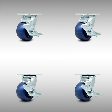 Service Caster 4 Inch SS Solid Poly Swivel Caster Set with Roller Bearings and Brakes SCC SCC-SS30S420-SPUR-TLB-4